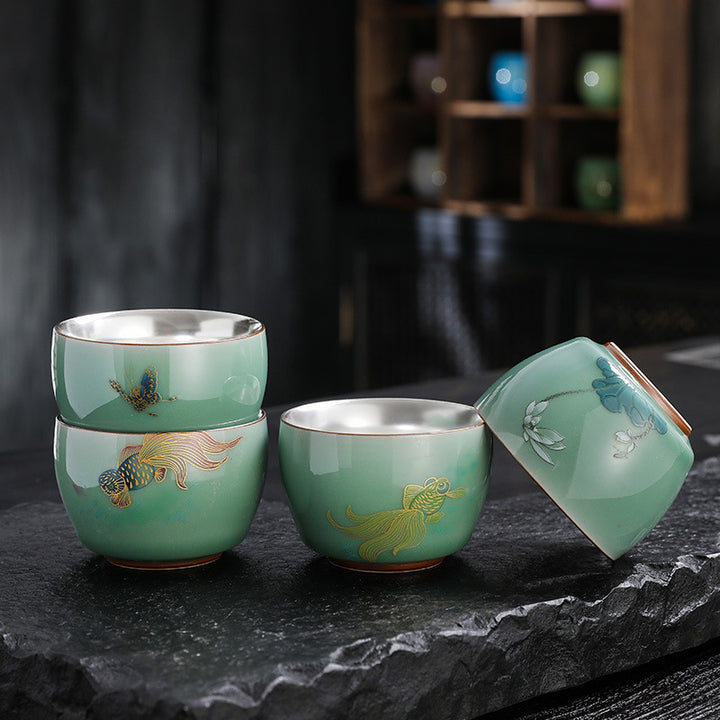 Buddha Stones 999 Sterling Silver Gilding Butterfly Goldfish Lotus Koi Fish Ceramic Teacup Kung Fu Tea Cup 120ml