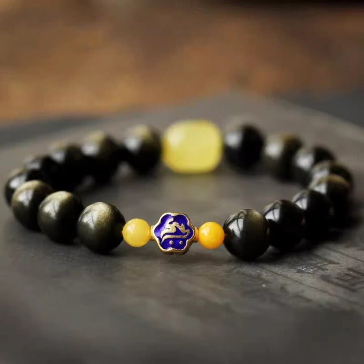 Buddha Stones 925 Sterling Silver Chinese Zodiac Natal Buddha Natural Gold Sheen Obsidian Amber Wealth Protection Bracelet