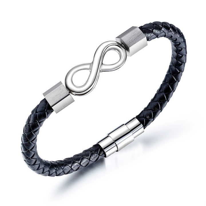 Buddha Stones Endless Knot Titanium Steel Infinity Leather Weave Balance Bracelet