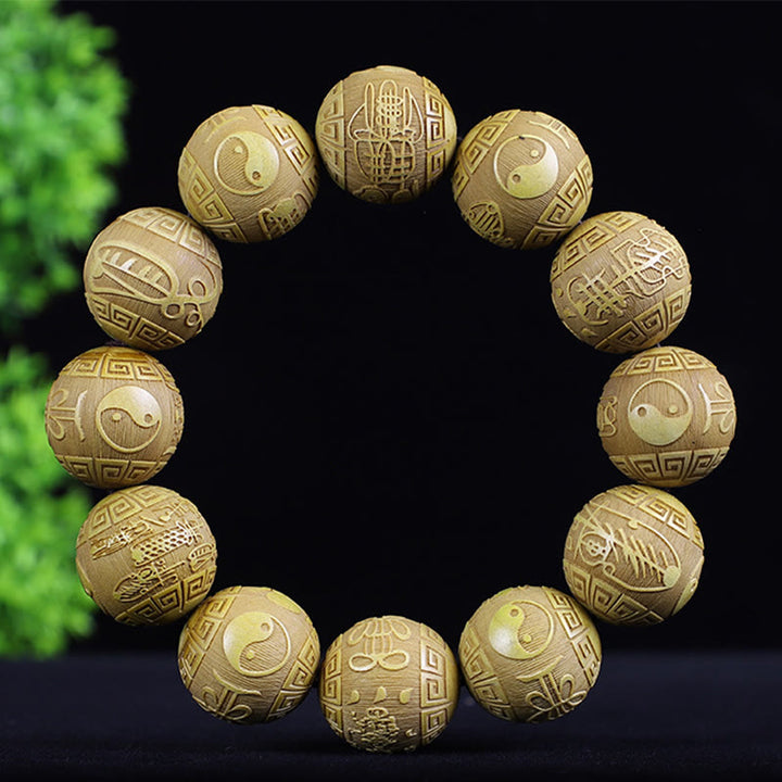 Buddha Stones Chinese Zodiac Rosewood Ebony Boxwood Copper Coin PiXiu Carved Warmth Bracelet