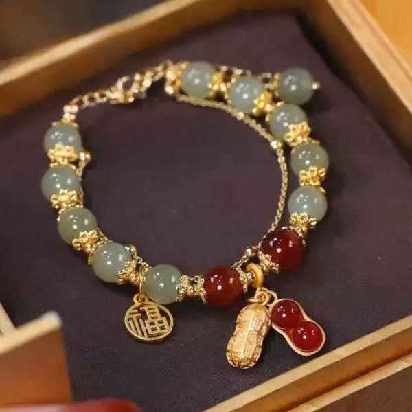 Buddha Stones Jade Leaf Ginkgo Tulip Peanut Fu Character Luck Beaded Bracelet