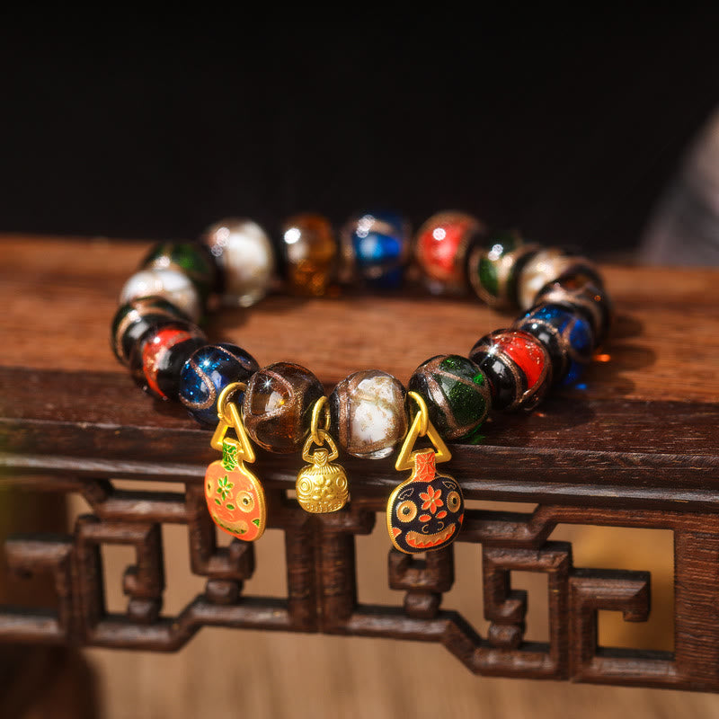 Buddha Stones Five Elements Gold Swallowing Beast Family Charm Liuli Glass Bead Luck Bracelet