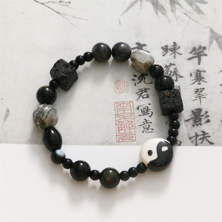 Buddha Stones Black Onyx Picasso Jasper Bead Yin Yang Fortune Protection Bracelet