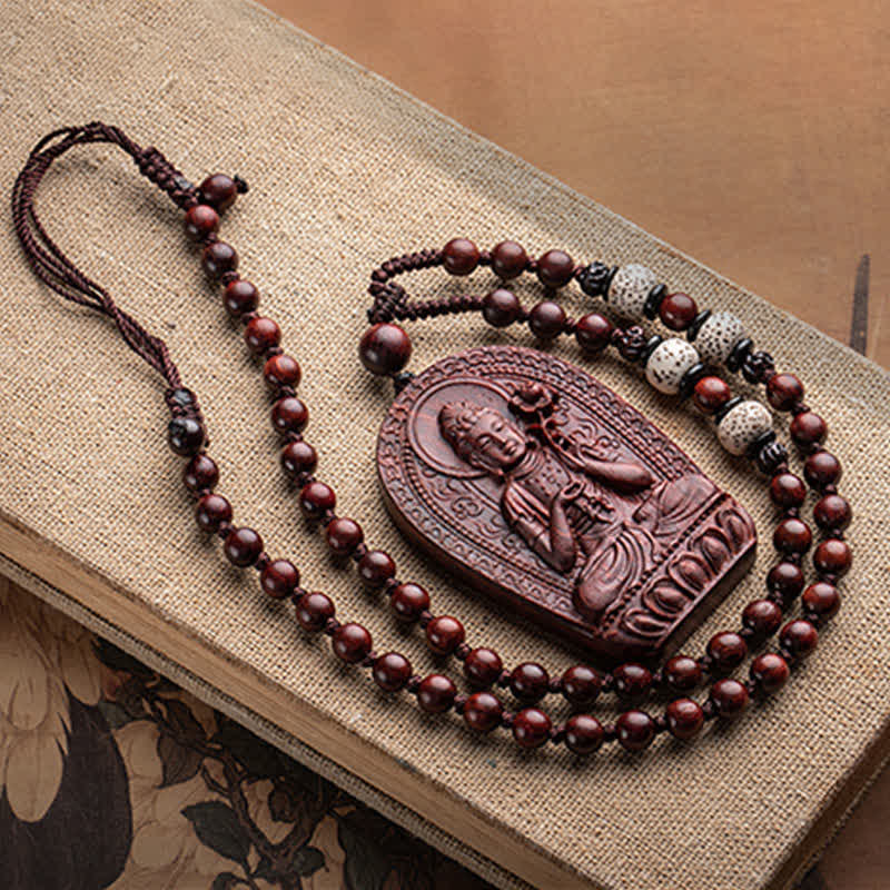 Chinese Zodiac Natal Buddha Small Leaf Red Sandalwood Lotus Protection Necklace Pendant