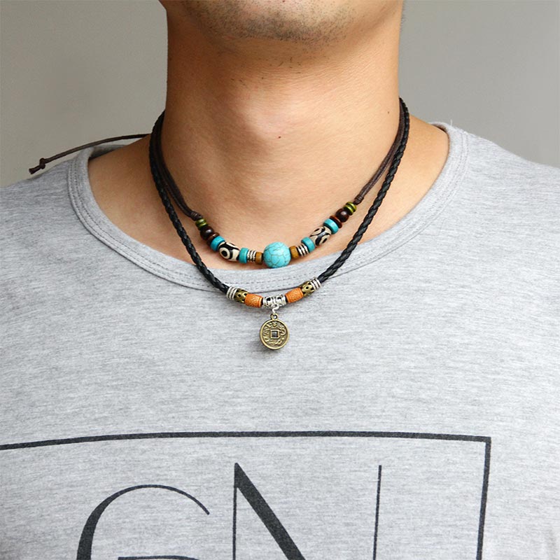 Buddha Stones Turquoise Dzi Bead Protection Necklace