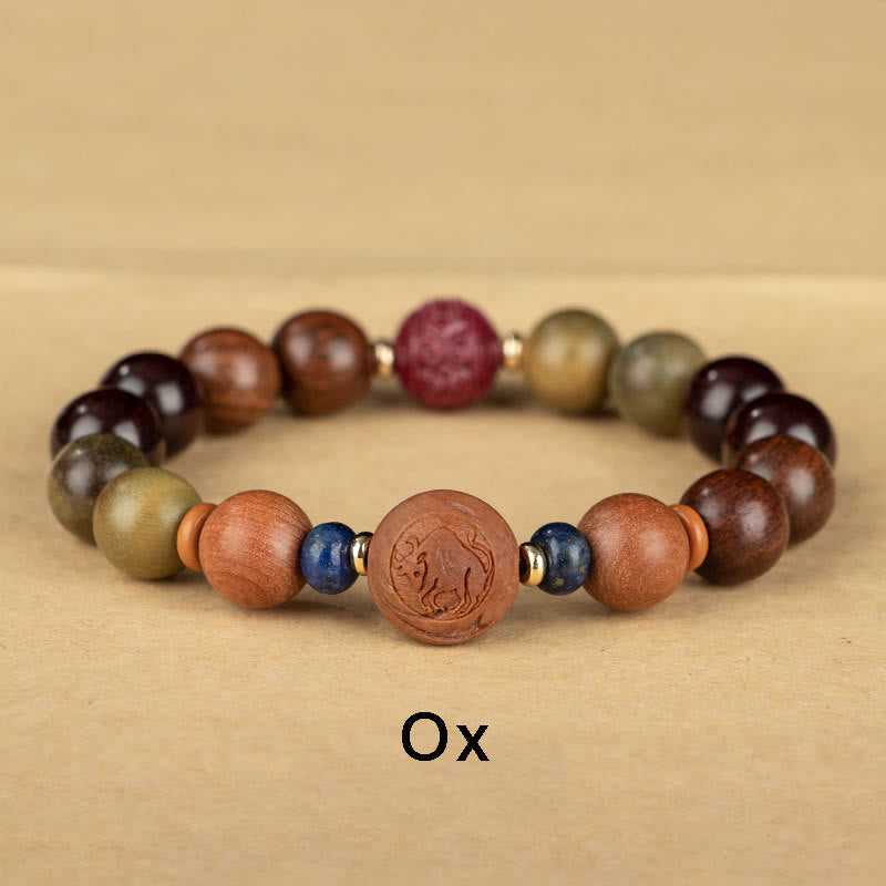 Buddha Stones Chinese Zodiac Natural Green Sandalwood Protection Bracelet