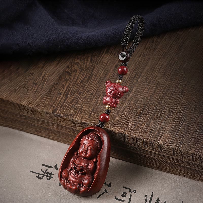 Buddha Stones Small Leaf Red Sandalwood Buddha Cinnabar Chinese Zodiac Amulet Protection Key Chain