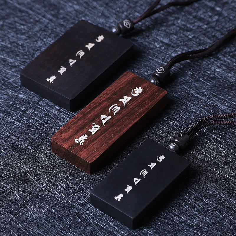 Buddha Stones 999 Sterling Silver Small Leaf Red Sandalwood Ebony Wood Om Mani Padme Hum Inlaid Protection Necklace Pendant