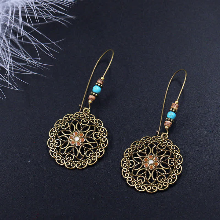 Round Flower Design Luck Dangle Drop Earrings