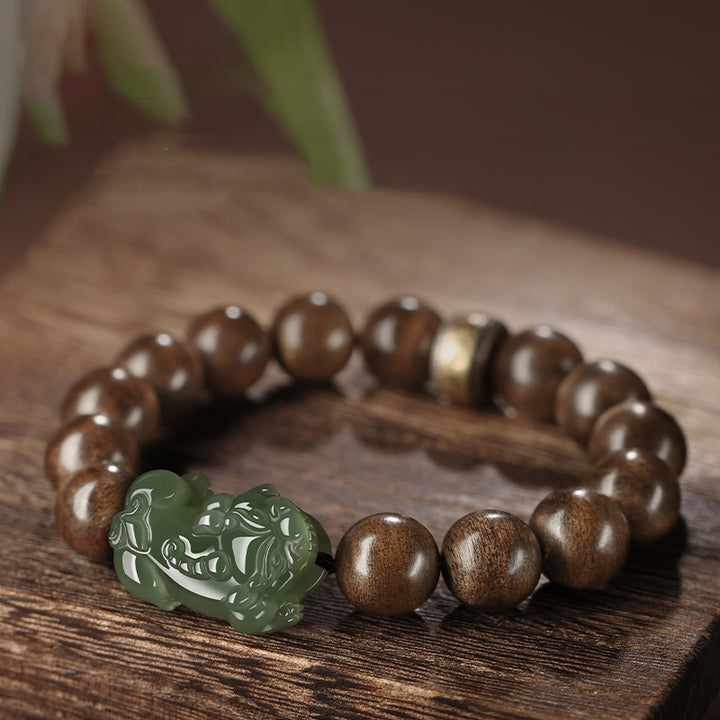 Buddha Stones 925 Sterling Silver Brunei Agarwood PiXiu Jade Peace Strength Bracelet