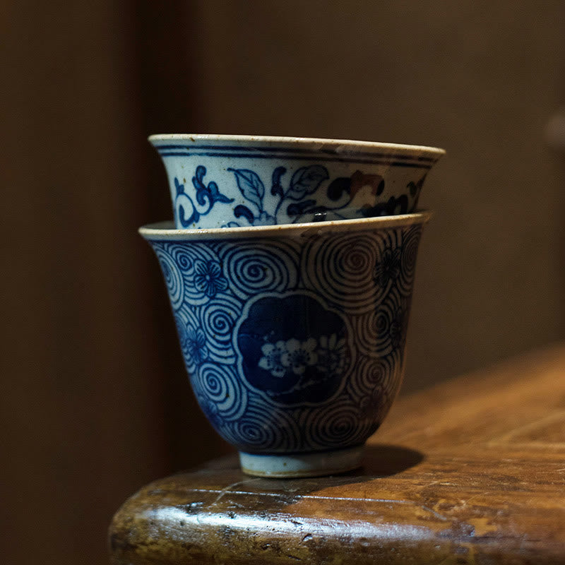 Buddha Stones Jingdezhen Blue and White Porcelain Hand Painted Lotus Plum Blossom Ceramic Teacup Kung Fu Tea Cups