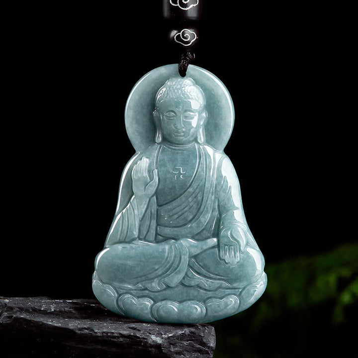 Buddha Stones Amitabha Buddha Natural Jade Lotus Amulet Compassion String Necklace Pendant