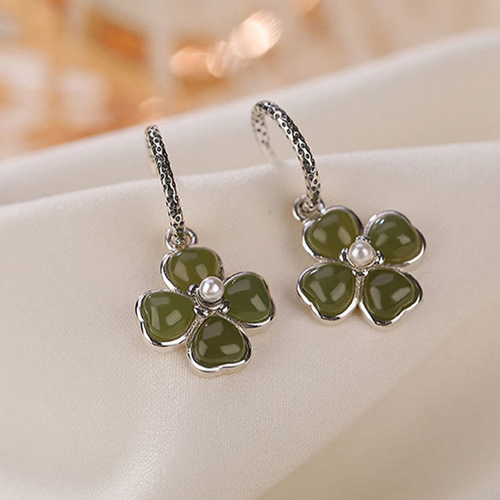 Buddha Stones 925 Sterling Silver Natural Cyan Jade Four Leaf Clover Luck Success Earrings