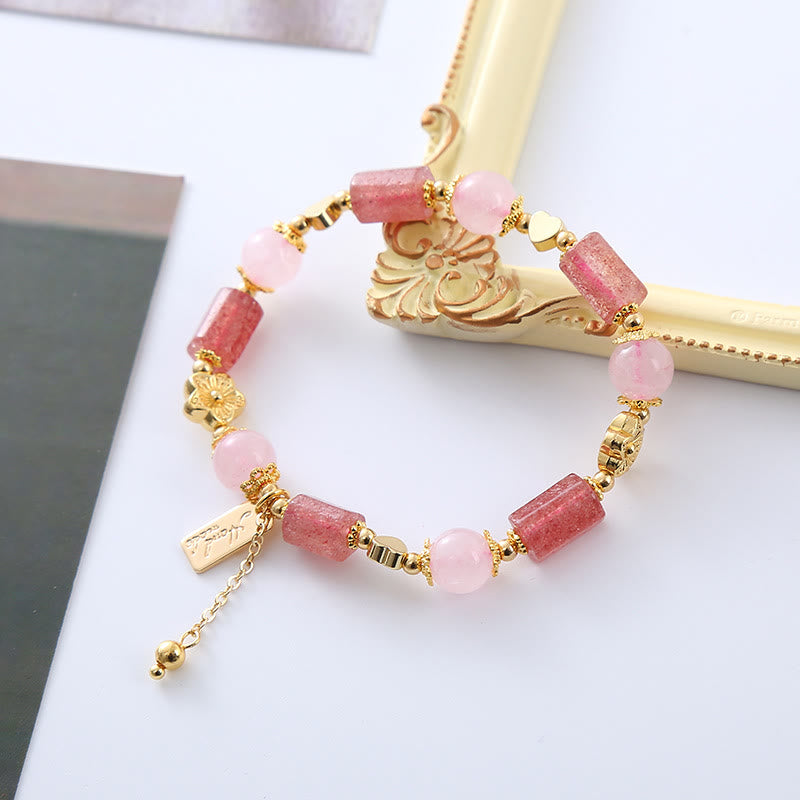 Buddha Stones Strawberry Quartz Pink Crystal Love Heart Flower Positive Bracelet