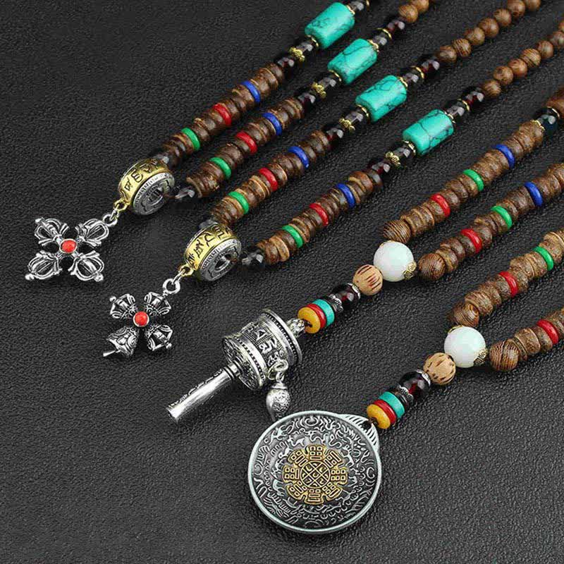 Buddha Stones Tibetan Om Mani Padme Hum Prayer Wheel Rotation Vajra Wood Necklace Pendant