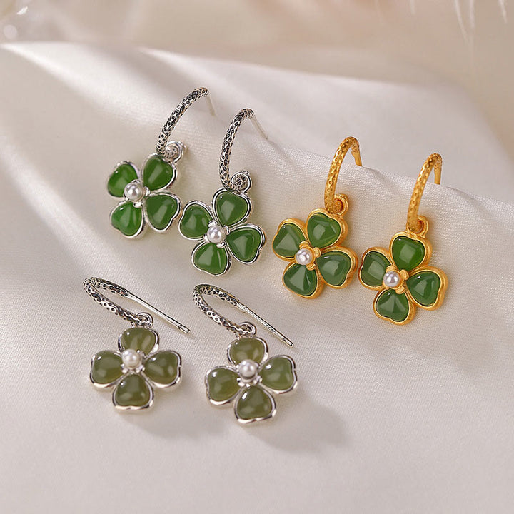 Buddha Stones 925 Sterling Silver Natural Cyan Jade Four Leaf Clover Luck Success Earrings