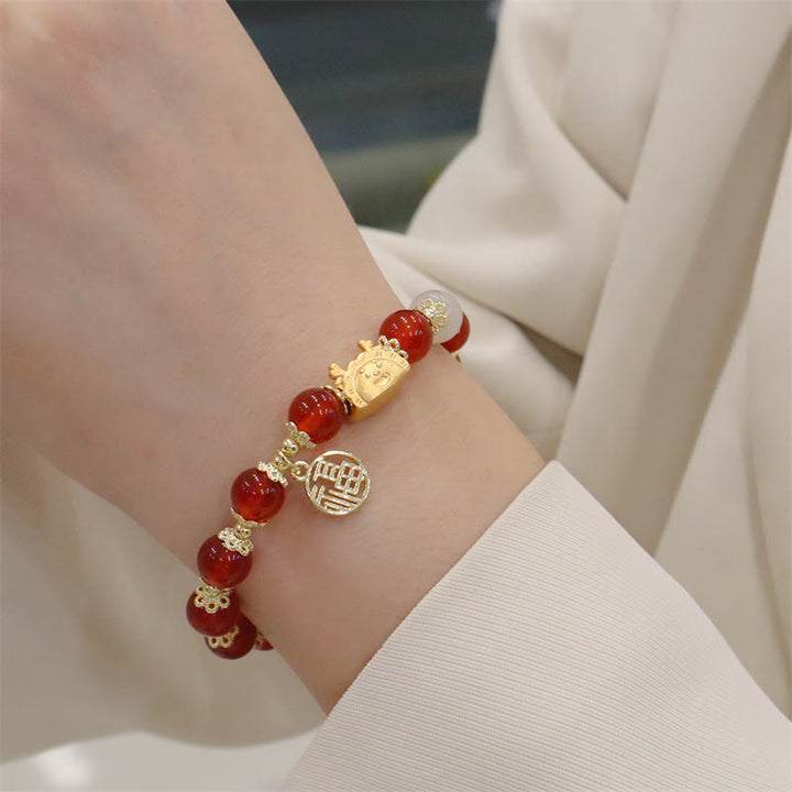 Buddha Stones Year Of The Dragon Red Agate Strawberry Quartz Black Obsidian Jade Garnet Pearl Cinnabar Dumpling Dragon Luck Fu Character Bracelet