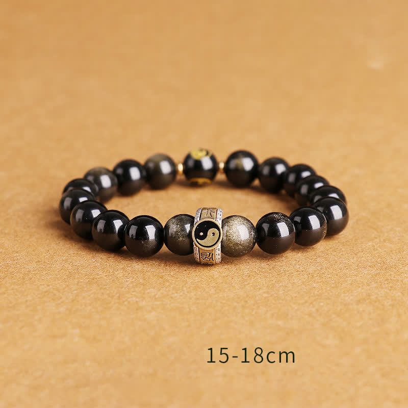 Buddha Stones 925 Sterling Silver Black Obsidian Gold Sheen Obsidian Silver Sheen Obsidian Yin Yang Protection Bracelet