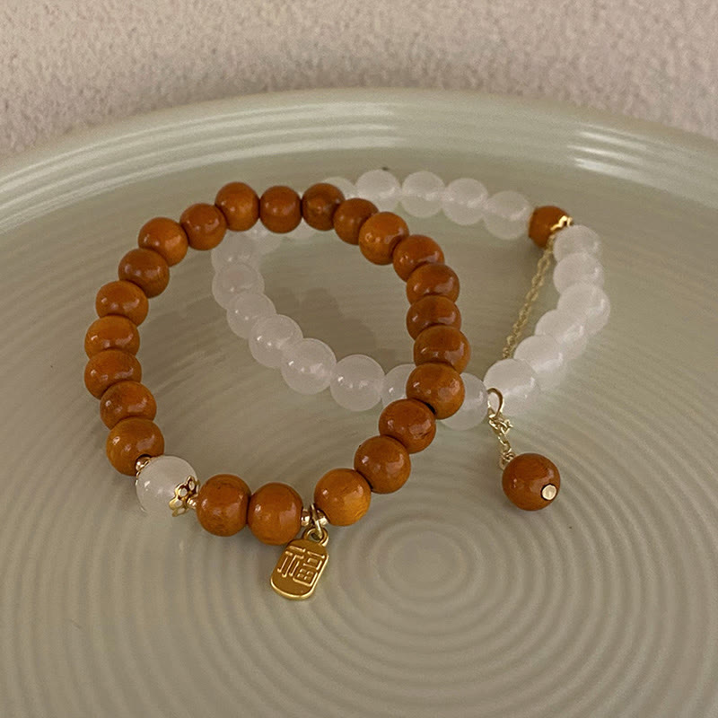 Buddha Stones Sandalwood Cat's Eye Fu Character Charm Protection Bracelet