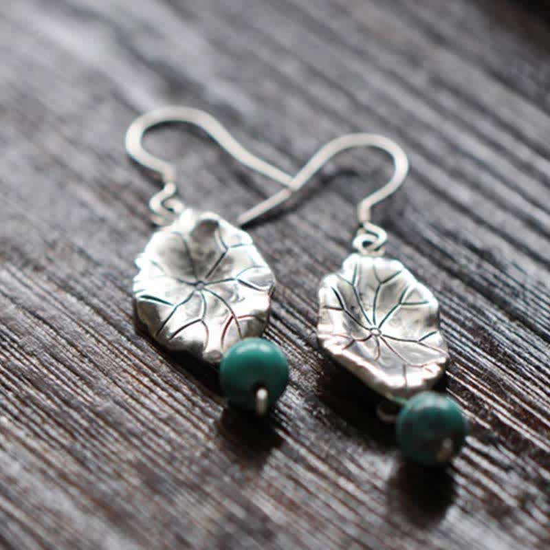 925 Sterling Silver Turquoise Lotus Leaf Protection Drop Dangle Earrings