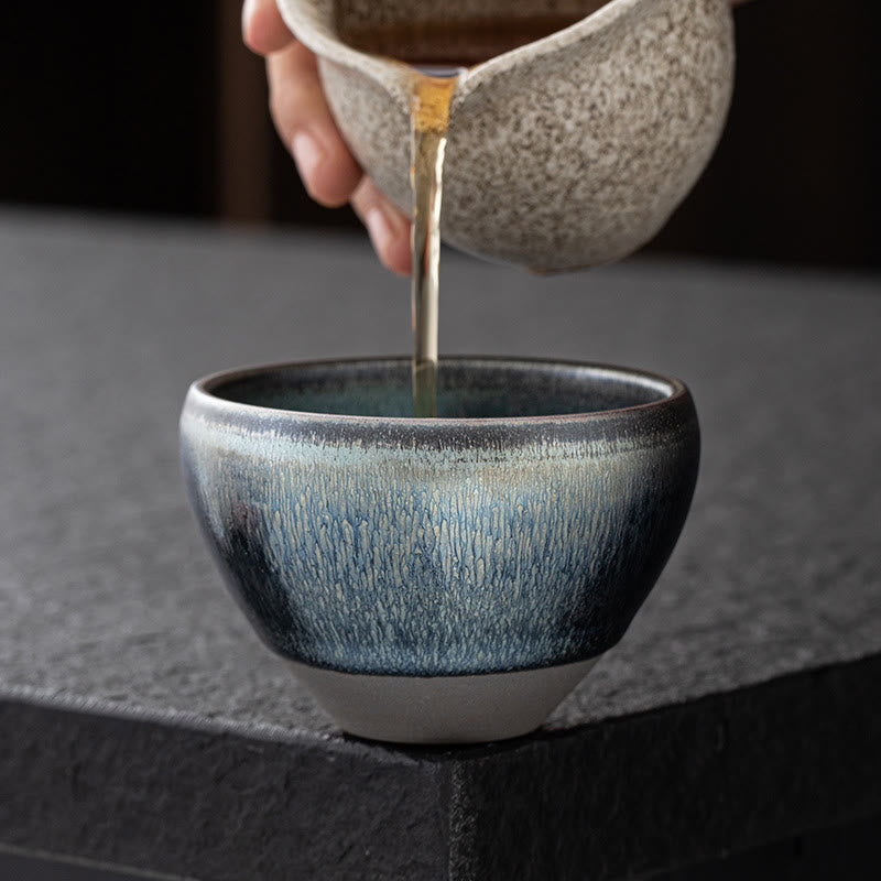 Buddha Stones Vintage Chinese Silver Blue Jianzhan Kiln Change Porcelain Teacup Kung Fu Tea Cup