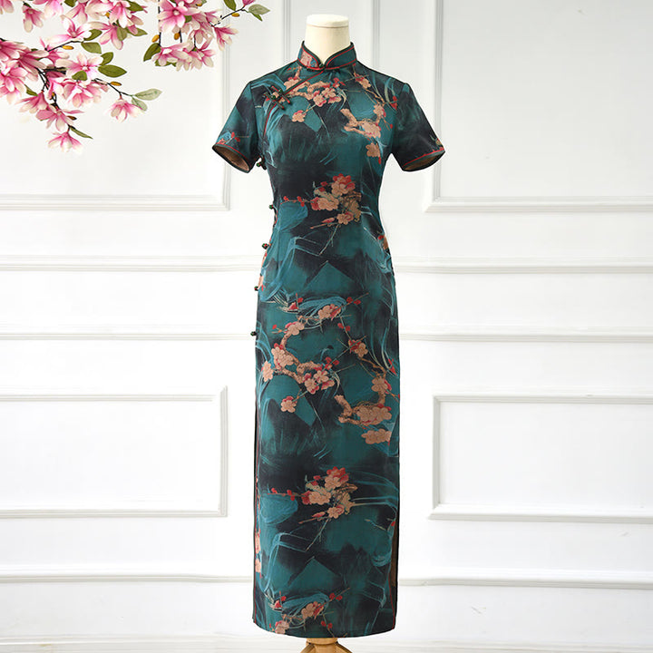 Buddha Stones Vintage Pink Flowers Print Cheongsam Dress Women's Qipao Dress