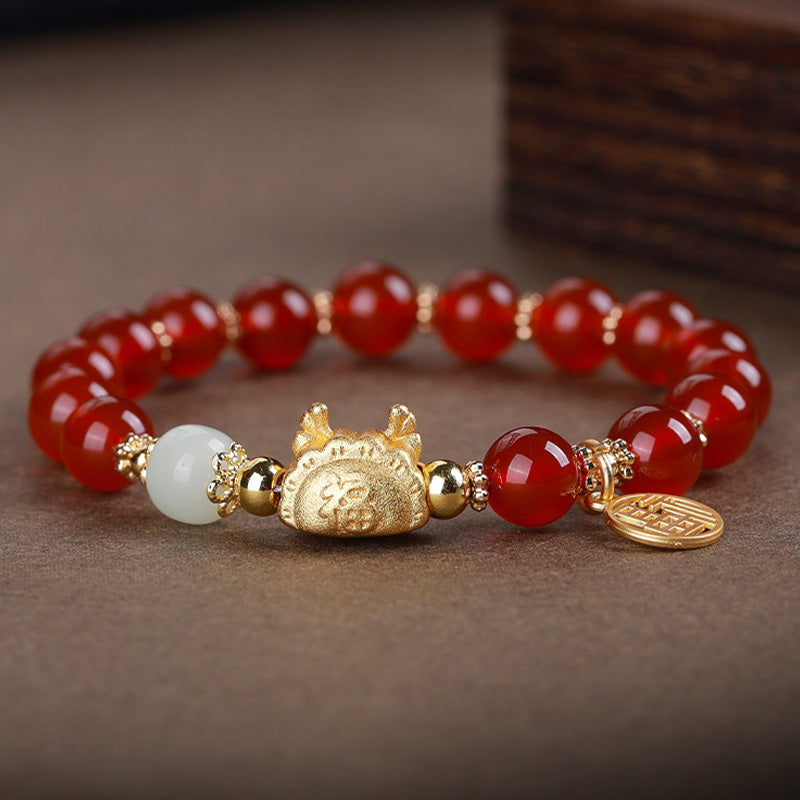 Buddha Stones Year Of The Dragon Red Agate Gray Agate Dumpling Luck Fu Character Bracelet