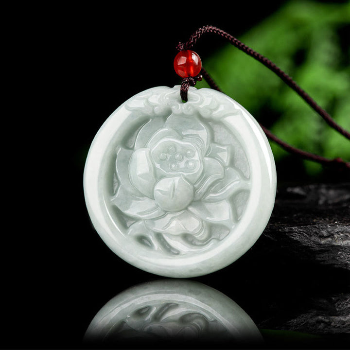 Buddha Stones Natural Jade Lotus Flower Carved Prosperity Necklace Pendant