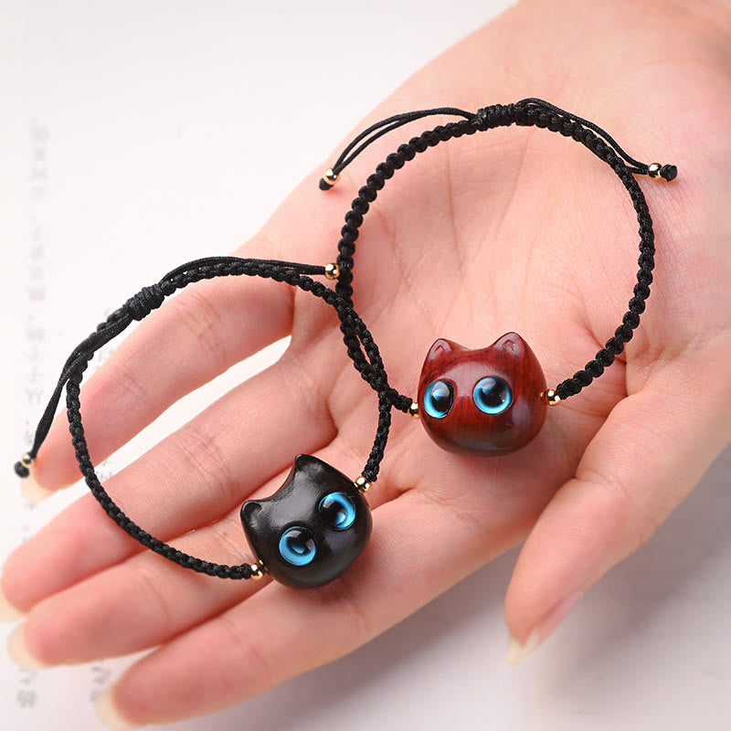 Buddha Stones Small Leaf Red Sandalwood Ebony Wood Cute Cat Head Calm Protection Braided Bracelet