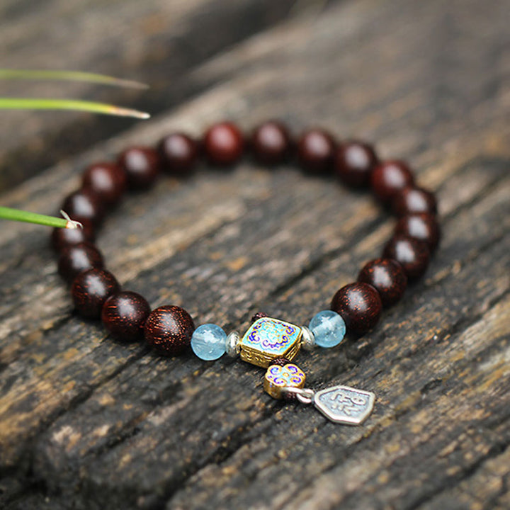 Buddha Stones 925 Sterling Silver Indian Small Leaf Red Sandalwood Aquamarine Full of Gold Star Chinese Knotting Blessing Bracelet