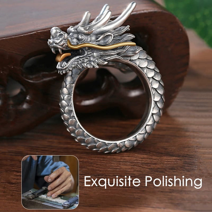 Buddha Stones 925 Sterling Silver Vintage Dragon Design Protection Strength Adjustable Ring