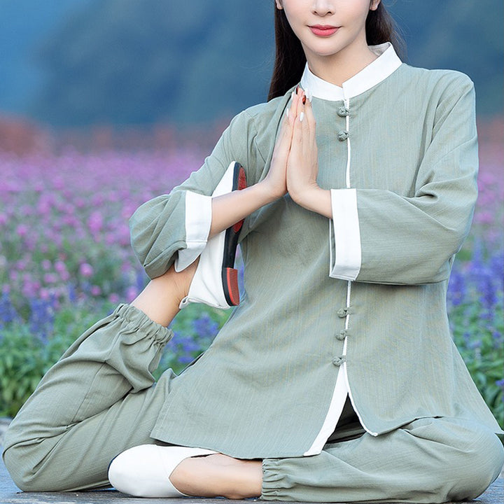 Buddha Stones 2Pcs Tang Suit Top Pants Meditation Yoga Zen Tai Chi Cotton Linen Clothing Women's Set