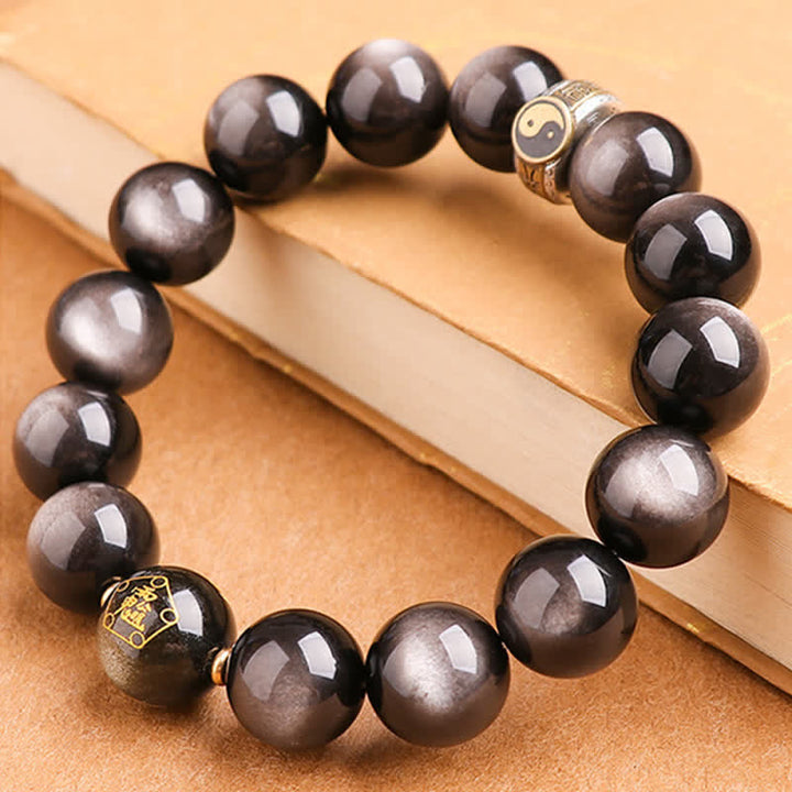 Buddha Stones 925 Sterling Silver Black Obsidian Gold Sheen Obsidian Silver Sheen Obsidian Yin Yang Protection Bracelet