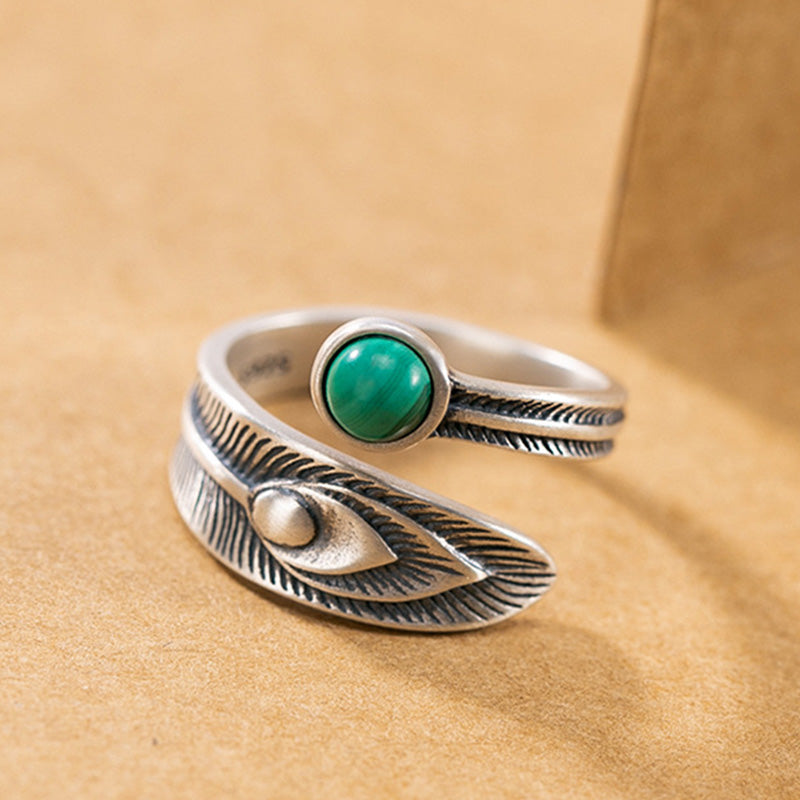 925 Sterling Silver Malachite Bead Feather Protection Ring