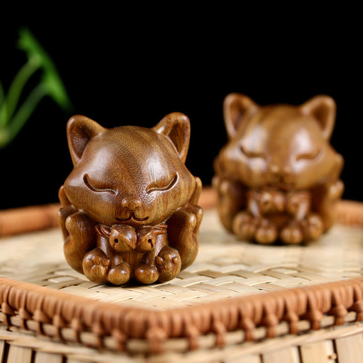 Buddha Stones Mini Nine-Tailed Fox Ivory Fruit Sandalwood Green Sandalwood Blessing Decoration