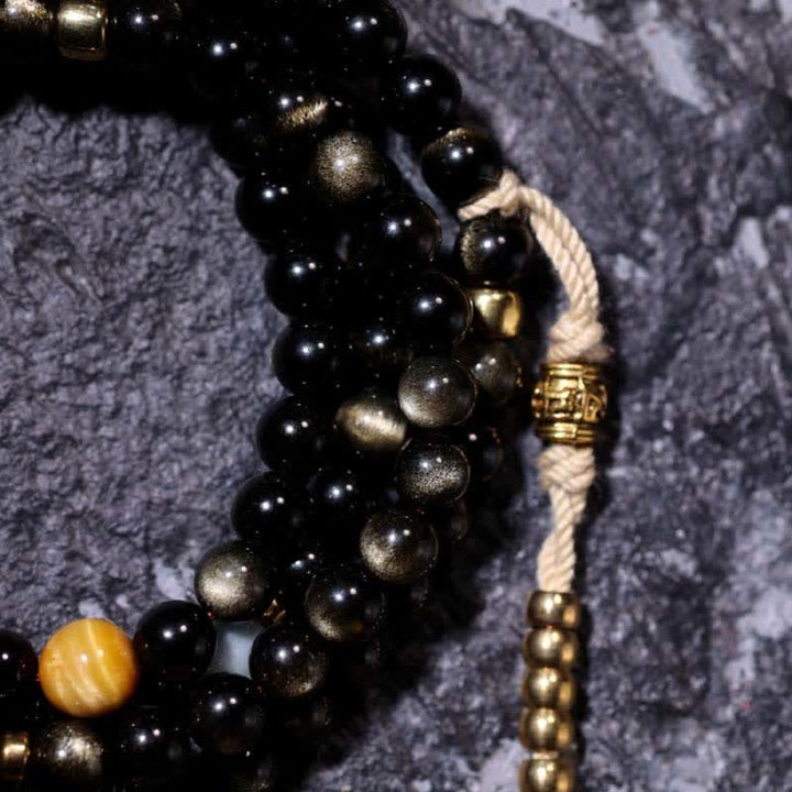 108 Mala Beads Gold Sheen Obsidian Tiger Eye Eagle's Eye Stone Wealth Bracelet