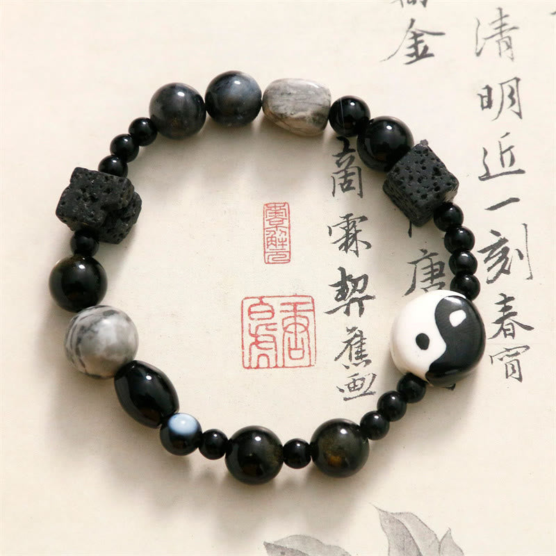 Buddha Stones Black Onyx Picasso Jasper Bead Yin Yang Fortune Protection Bracelet