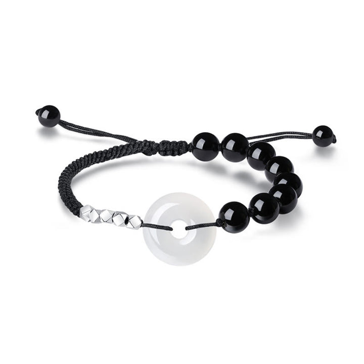 Buddha Stones 925 Sterling Silver Black Obsidian Agate Peace Buckle Strength Bracelet