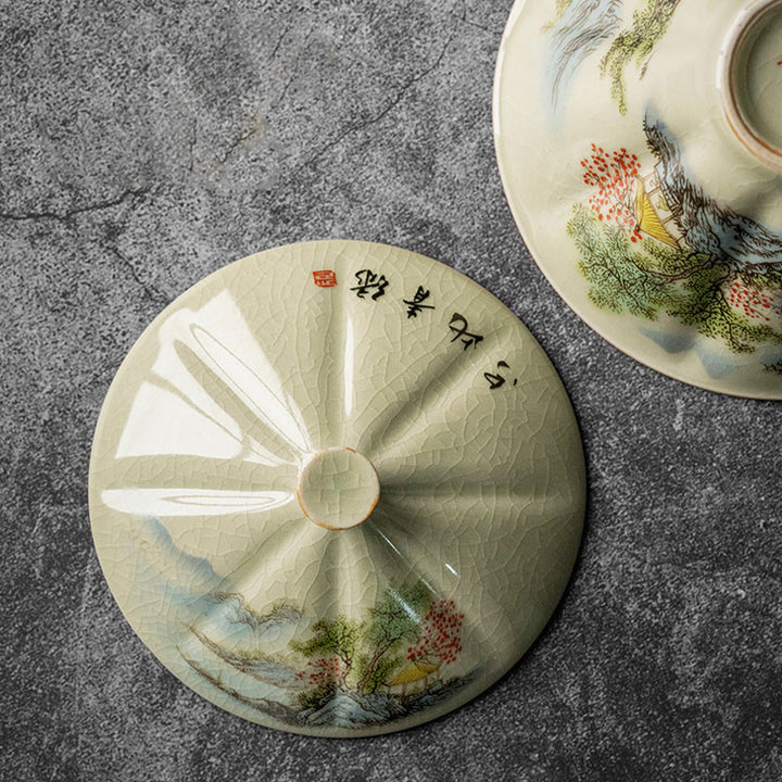 Buddha Stones Pine Mountain Forest Landscape Ceramic Gaiwan Sancai Teacup Kung Fu Tea Cup And Saucer With Lid