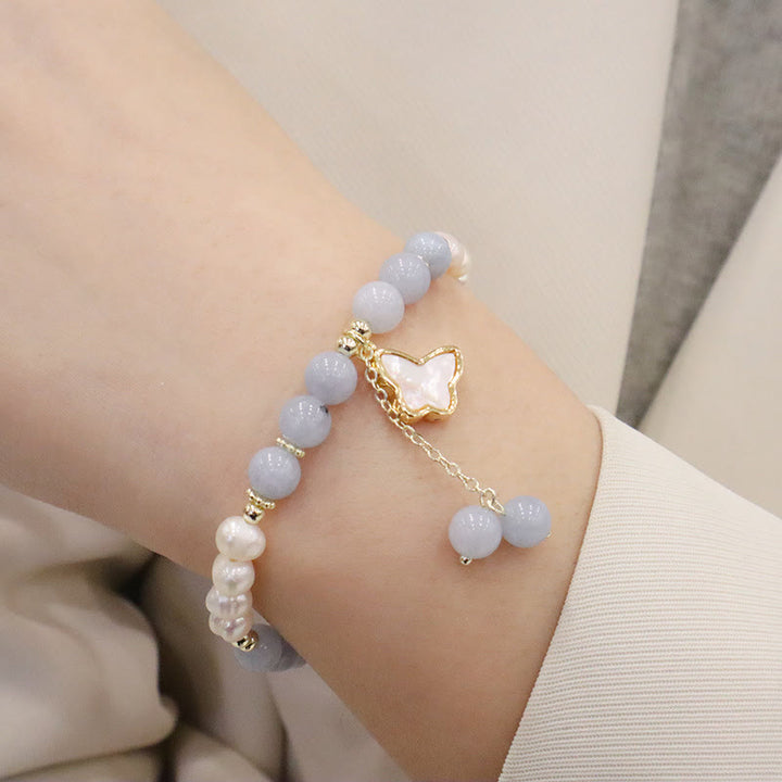 Buddha Stones Natural Aquamarine Pearl Healing Ginkgo Leaf Butterfly Charm Bracelet