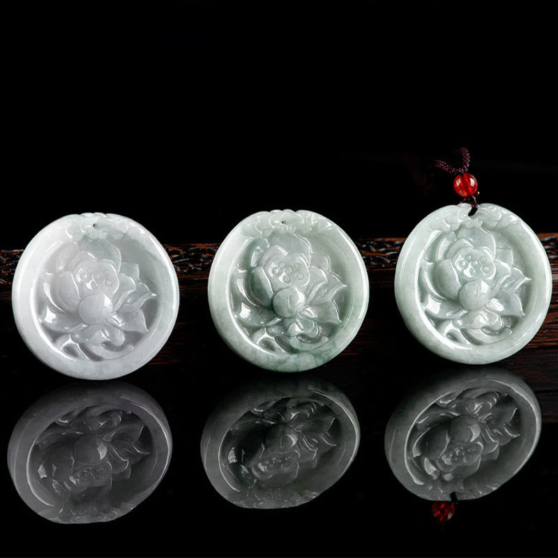 Buddha Stones Natural Jade Lotus Flower Carved Prosperity Necklace Pendant