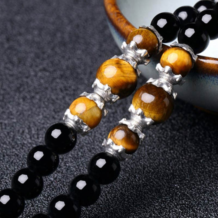 Buddha Stones 108 Beads Natural Black Obsidian Tiger Eye Mala Bracelet