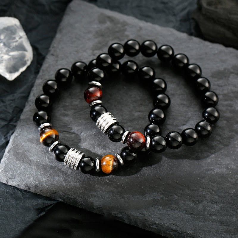 Buddha Stones Natural Black Obsidian Tiger Eye Strength Fulfillment Bracelet