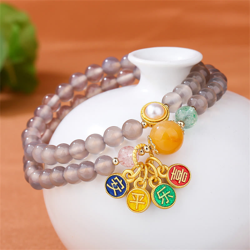 Buddha Stones Natural Gray Agate Peace And Joy Charm Balance Double Wrap Bracelet