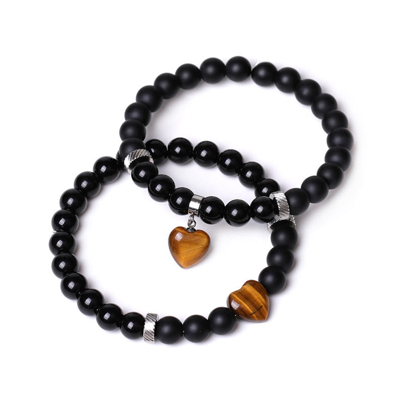 Buddha Stones 2Pcs Black Onyx Crystal Stone Love Heart Protection Support Couple Bracelet