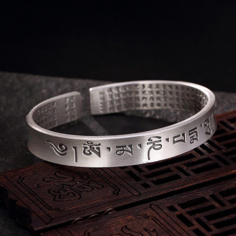 Buddha Stones 999 Sterling Silver Year of the Dragon Chinese Zodiac Om Mani Padme Hum Heart Sutra Carved Wisdom Bracelet Bangle