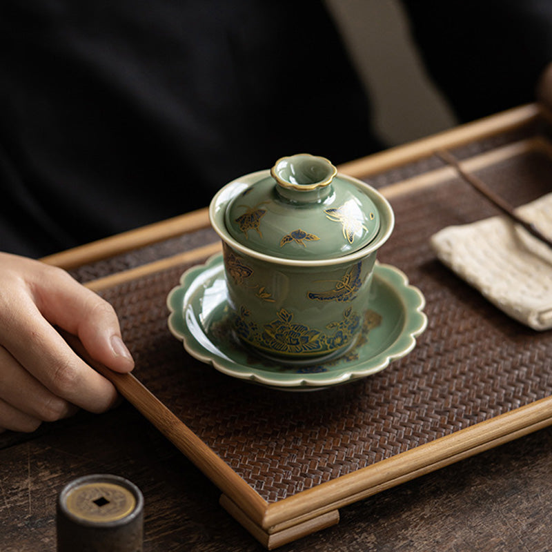 Buddha Stones Green Porcelain Butterfly Flower Salmon Fish Ceramic Gaiwan Sancai Teacup Kung Fu Tea Cup And Saucer With Lid