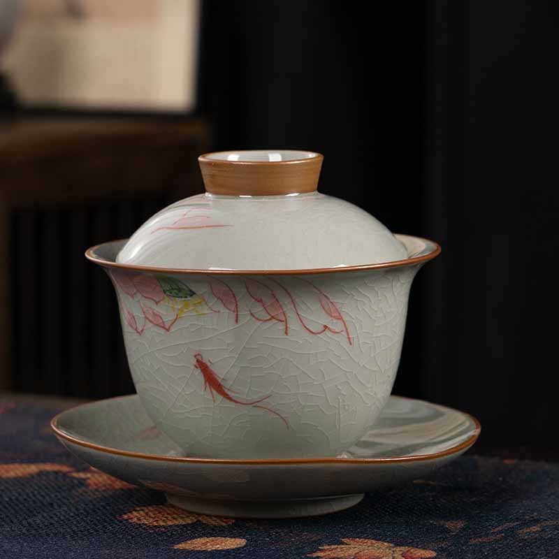 Buddha Stones Lotus Koi Fish Pod Leaf Ceramic Gaiwan Sancai Teacup Kung Fu Tea Cup And Saucer With Lid 140ml