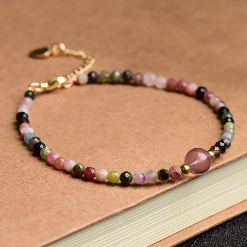 Buddha Stones Natural Colorful Tourmaline Strawberry Quartz Bead Positive Love Bracelet