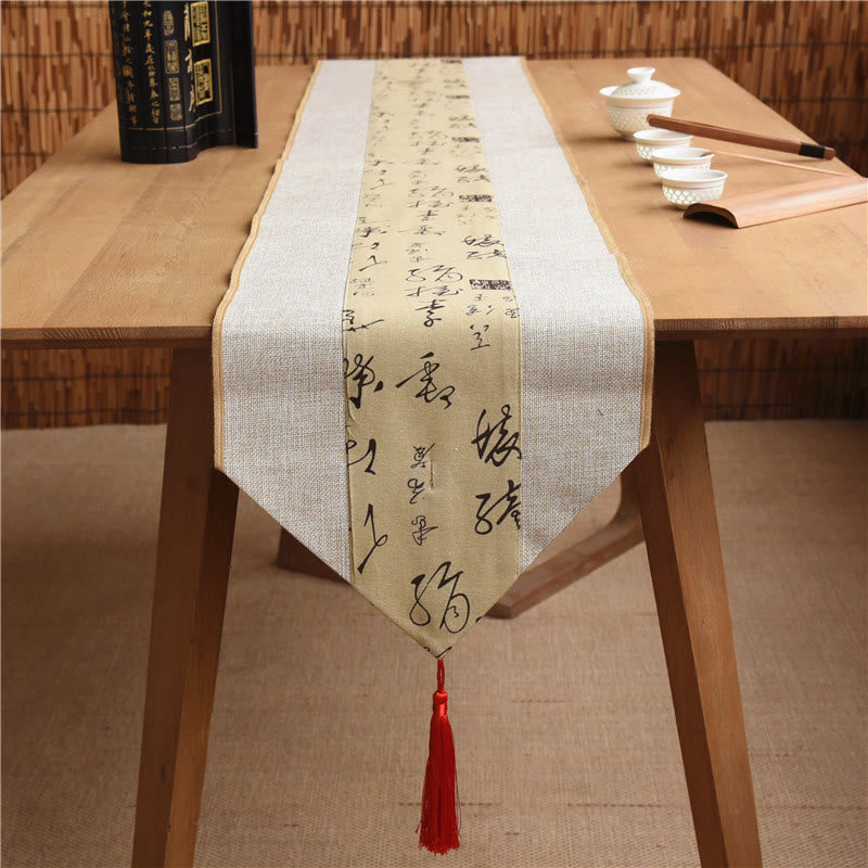 Buddha Stones Classic Chinese Style Lotus Koi Fish Flower Crane Calligraphy Enlightenment Cotton Linen Tassels Table Runner